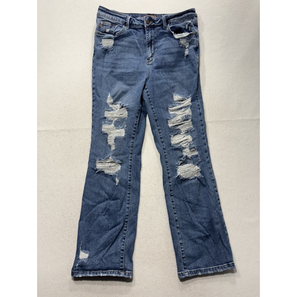 Judy Blue Distressed Straight Leg Jeans Juniors 11 Medium Wash Mid Rise JB88447